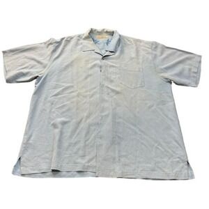 Tommy‎ Bahama Mens XXL Light Blue 100% Silk Short Sleeve Camp Shirt Tropical |D1